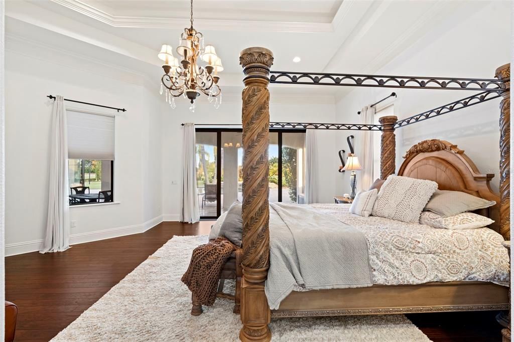 Bedroom, Chandelier, Interior, Recessed Lighting, Wood Texture Flooring