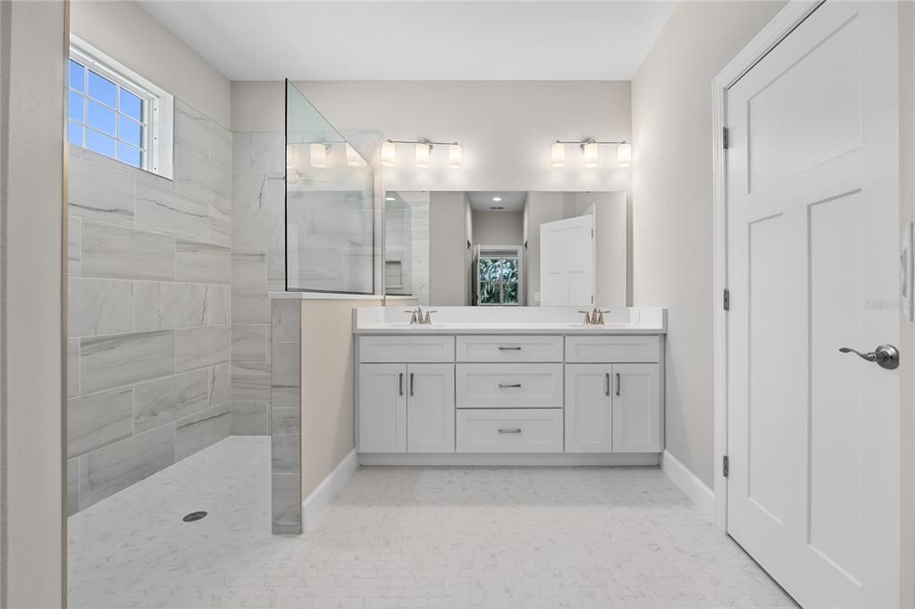Bathroom, Dual Sink Vanities, Glass Shower, Interior, Marble Walls