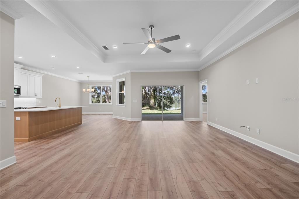 Chandelier, Empty room, Interior, Kitchen, Recessed Lighting, Wood Texture Flooring