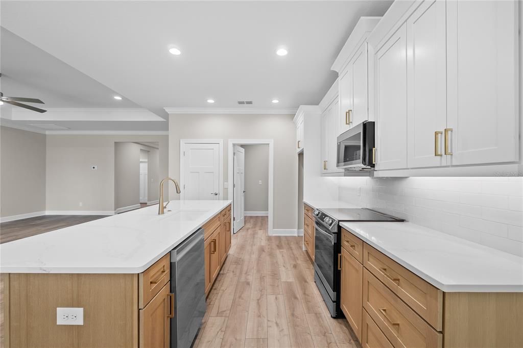 Interior, Kitchen, Recessed Lighting, Stainless Steel Appliances, Wood Texture Flooring