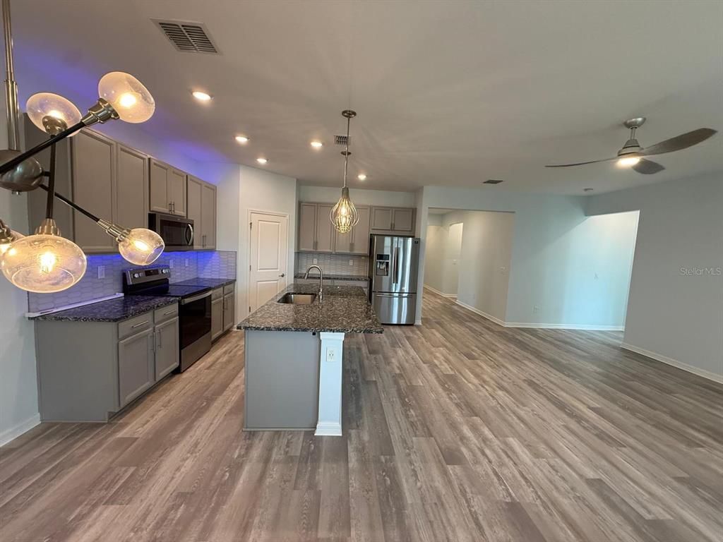 Interior, Kitchen, Pendant Lights, Recessed Lighting, Wood Texture Flooring