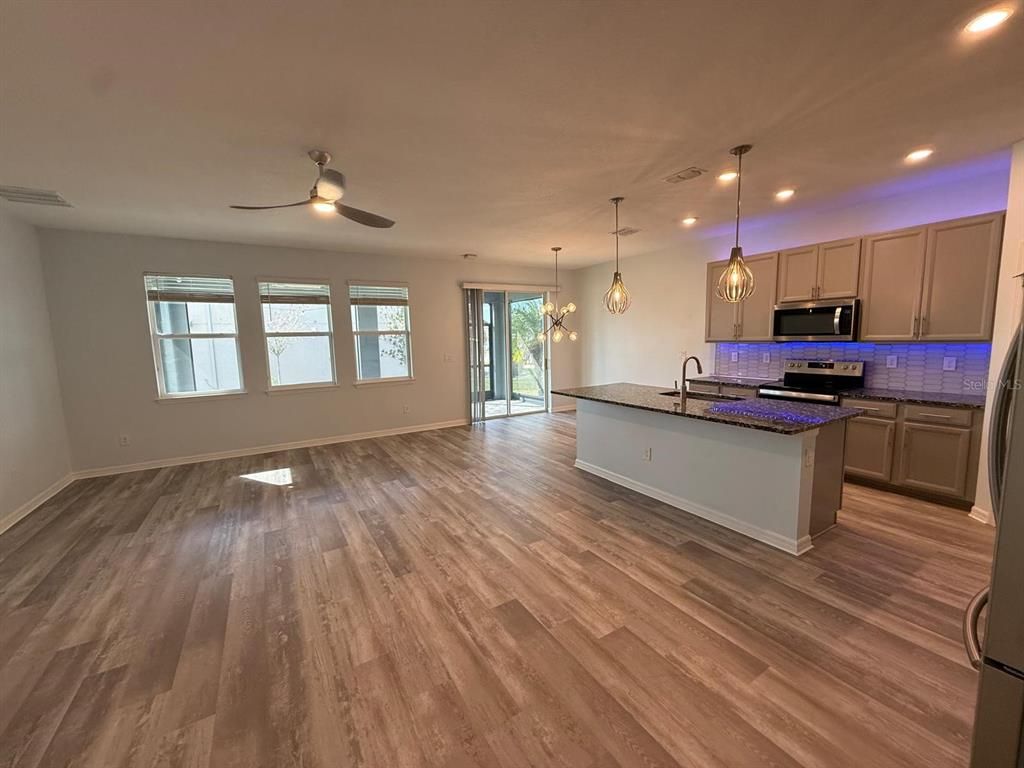 Empty room, Interior, Kitchen, Pendant Lights, Recessed Lighting, Wood Texture Flooring