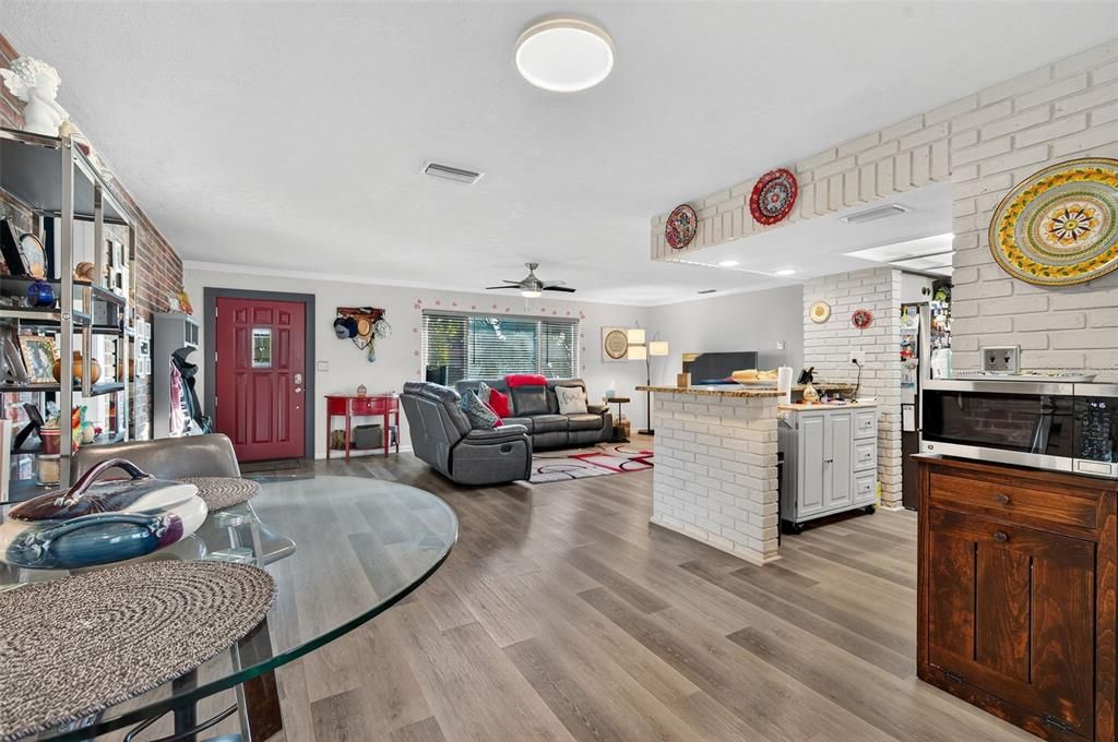 Interior, Kitchen, Living room, Recessed Lighting, Stone Walls, Wood Texture Flooring