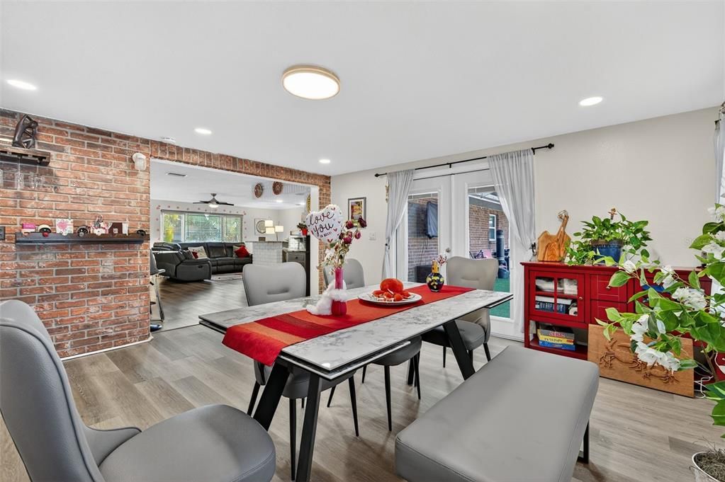 Dining room, Interior, Living room, Recessed Lighting, Stone Walls, Wood Texture Flooring