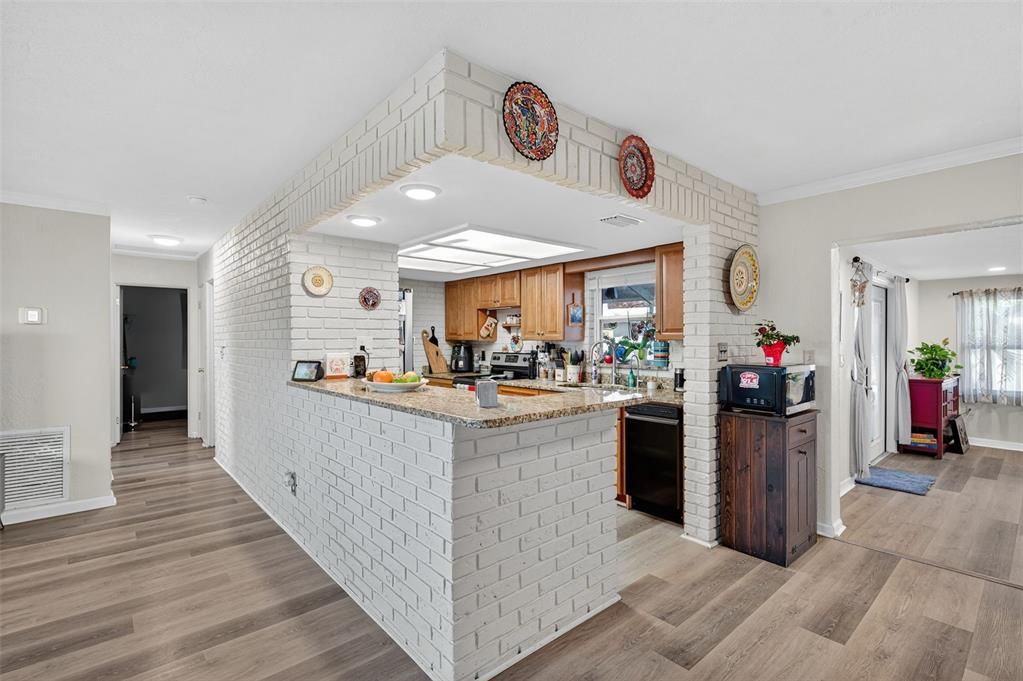 Interior, Kitchen, Recessed Lighting, Stone Walls, Wood Texture Flooring