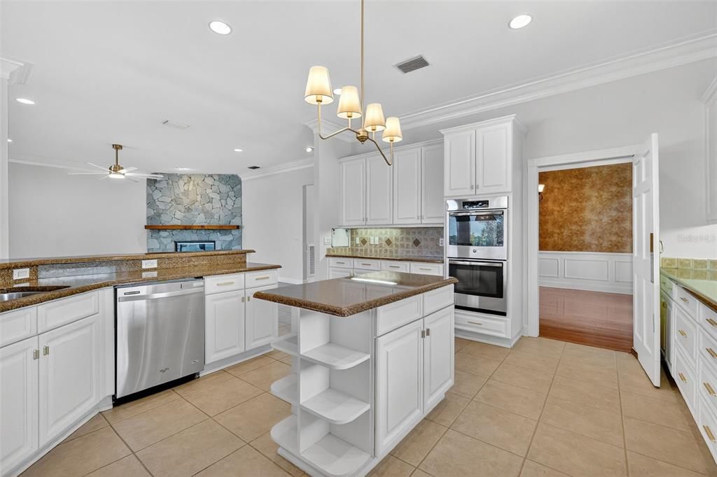 Chandelier, Interior, Kitchen, Recessed Lighting, Stainless Steel Appliances, Wood Texture Flooring