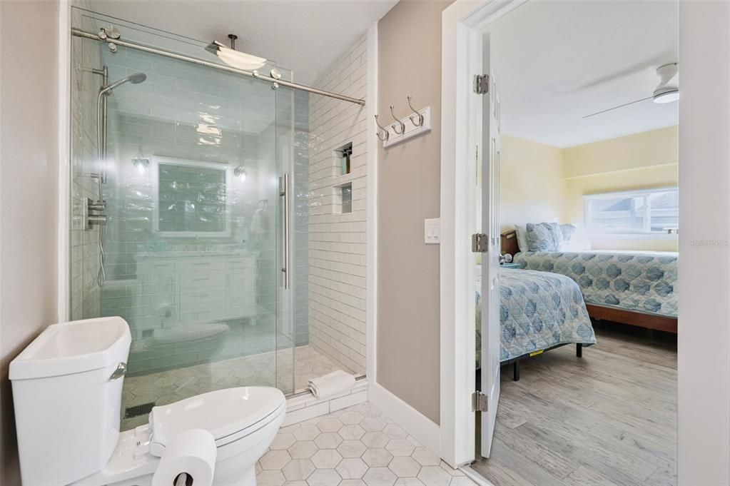 Bathroom, Bedroom, Glass Shower, Interior, Wood Texture Flooring