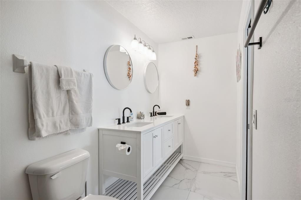 Bathroom, Dual Sink Vanities, Glass Shower, Interior, Marble
