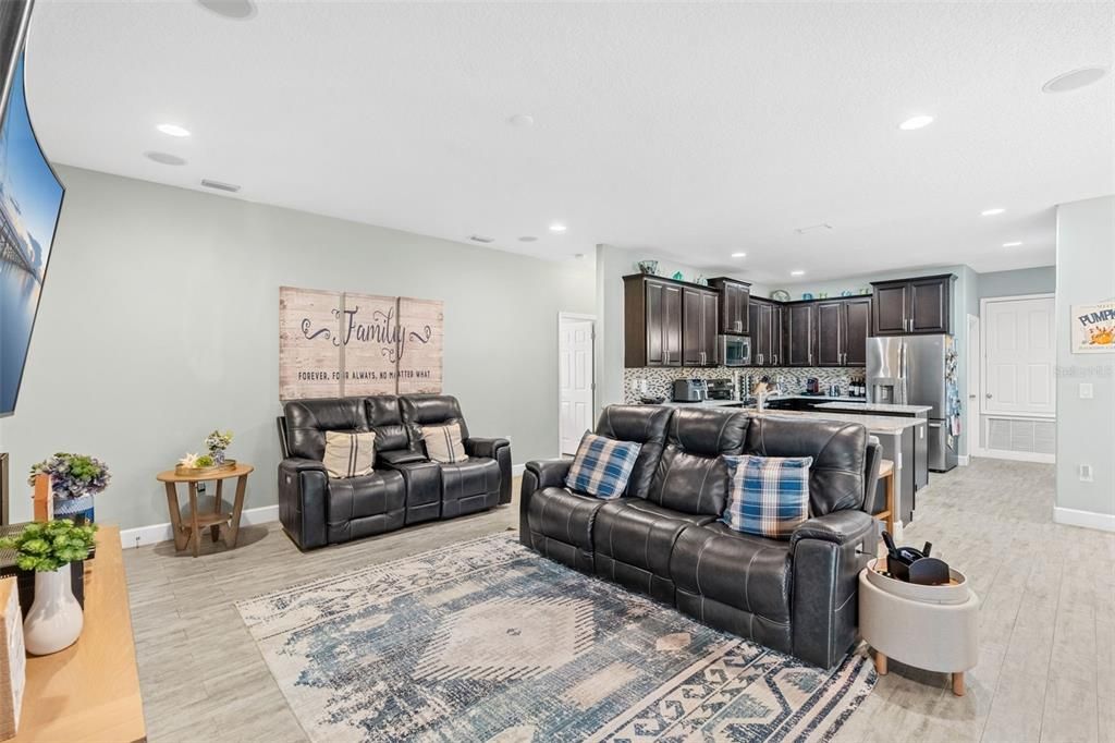 Interior, Kitchen, Living room, Recessed Lighting, Stainless Steel Appliances, Wood Texture Flooring