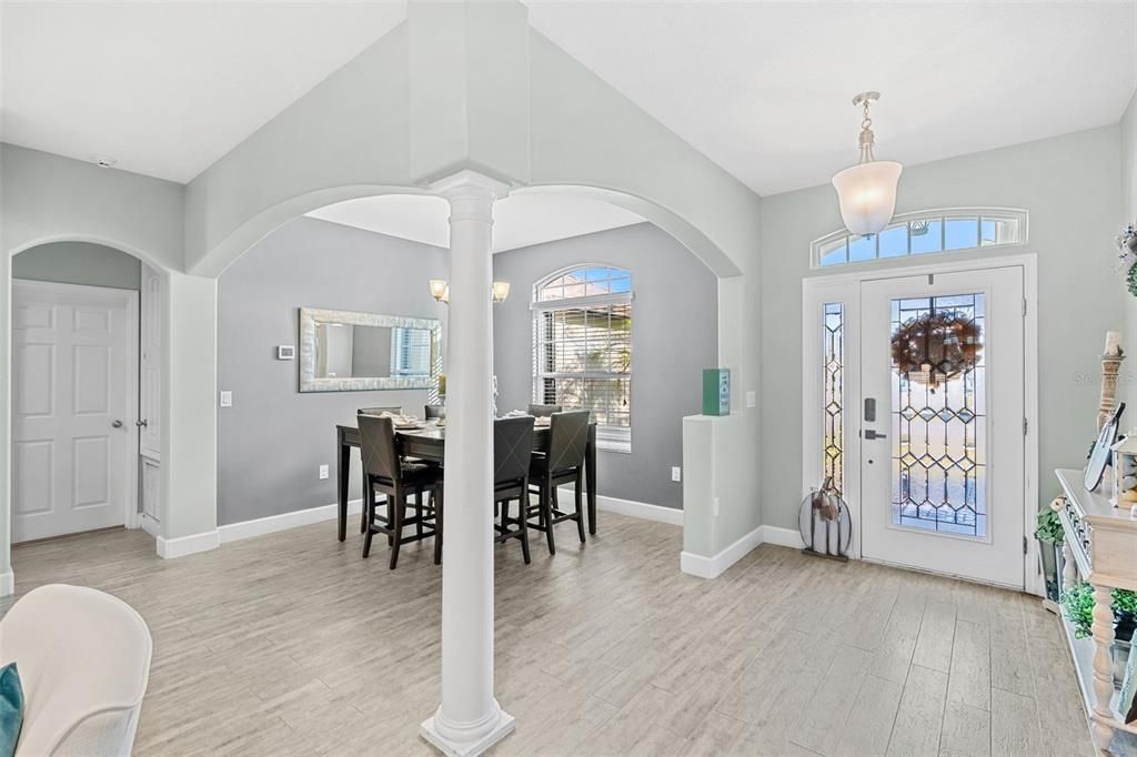 Dining room, Interior, Pendant Lights, Wood Texture Flooring