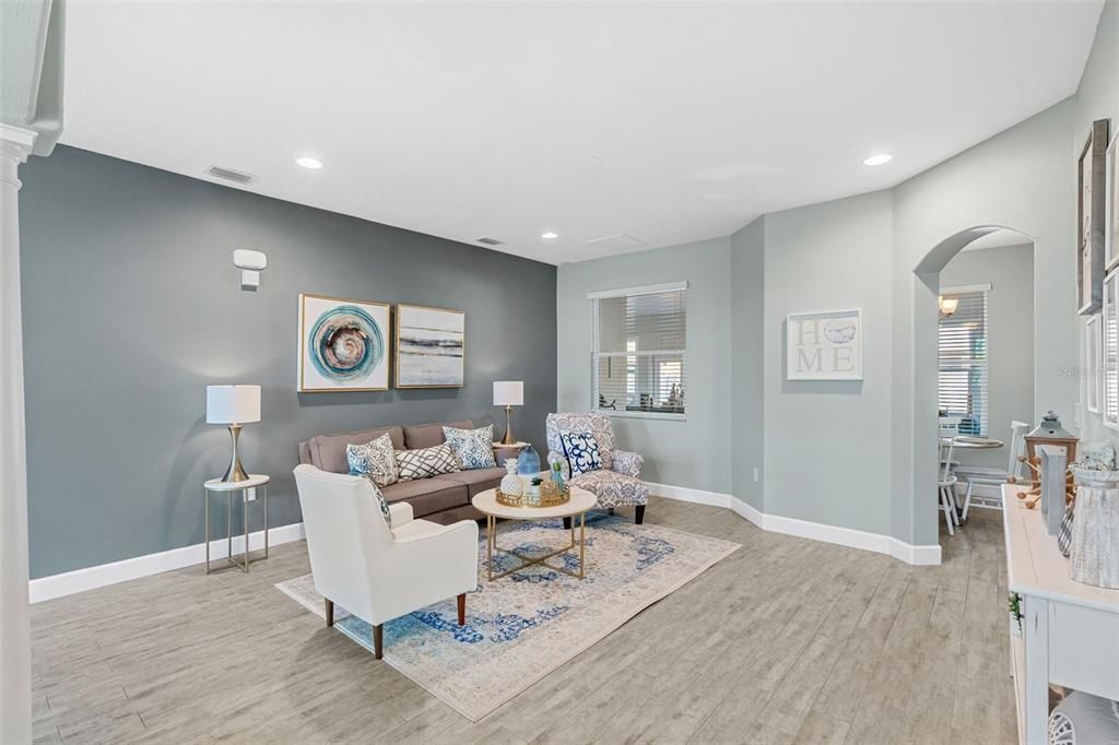 Interior, Living room, Recessed Lighting, Wood Texture Flooring