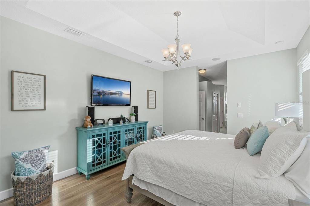 Bedroom, Chandelier, Interior, Wood Texture Flooring