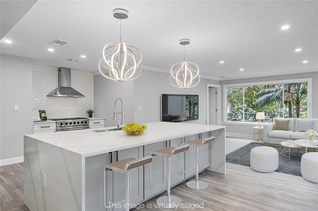 Interior, Kitchen, Living room, Pendant Lights, Recessed Lighting, Stainless Steel Appliances, Wood Texture Flooring