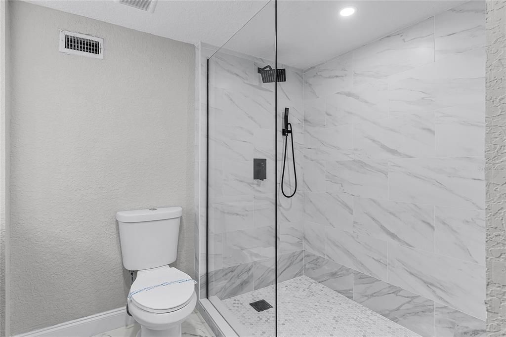 Bathroom, Glass Shower, Interior, Marble Walls, Recessed Lighting