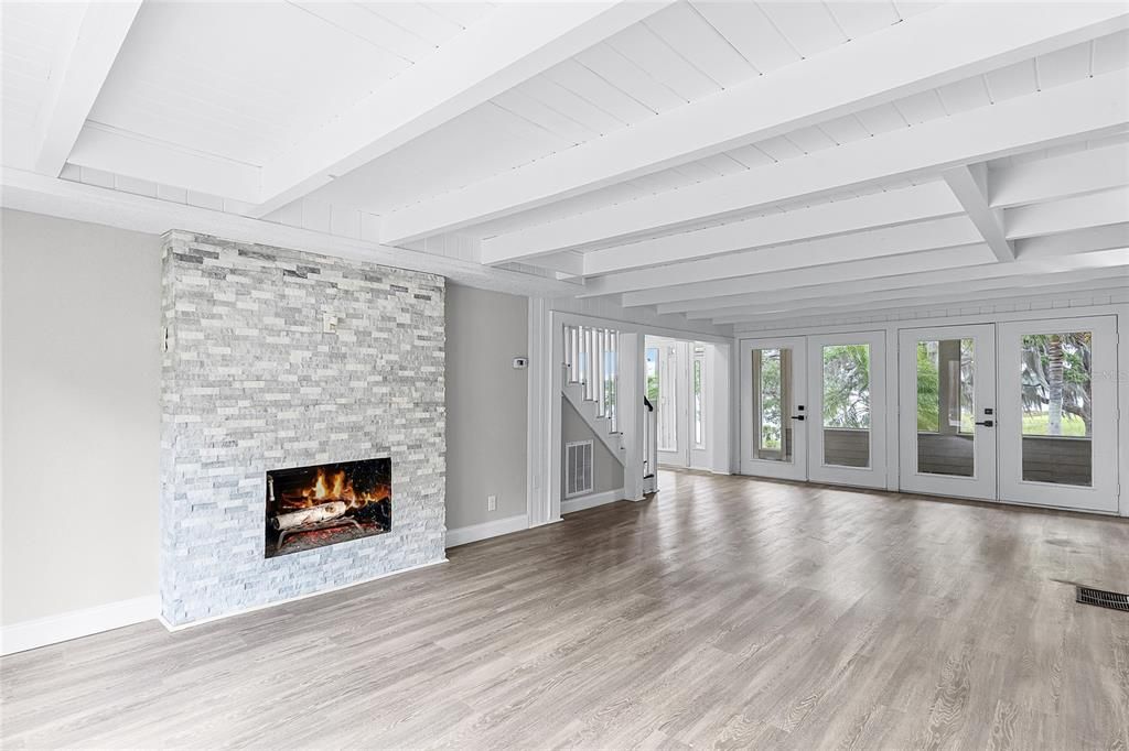 Empty room, Fireplace, Interior, Stone Walls, Wood Texture Flooring