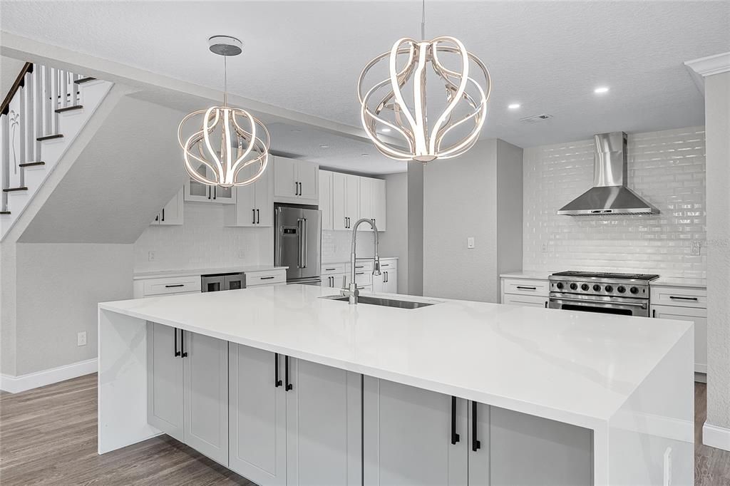 Interior, Kitchen, Pendant Lights, Recessed Lighting, Stainless Steel Appliances, Wood Texture Flooring