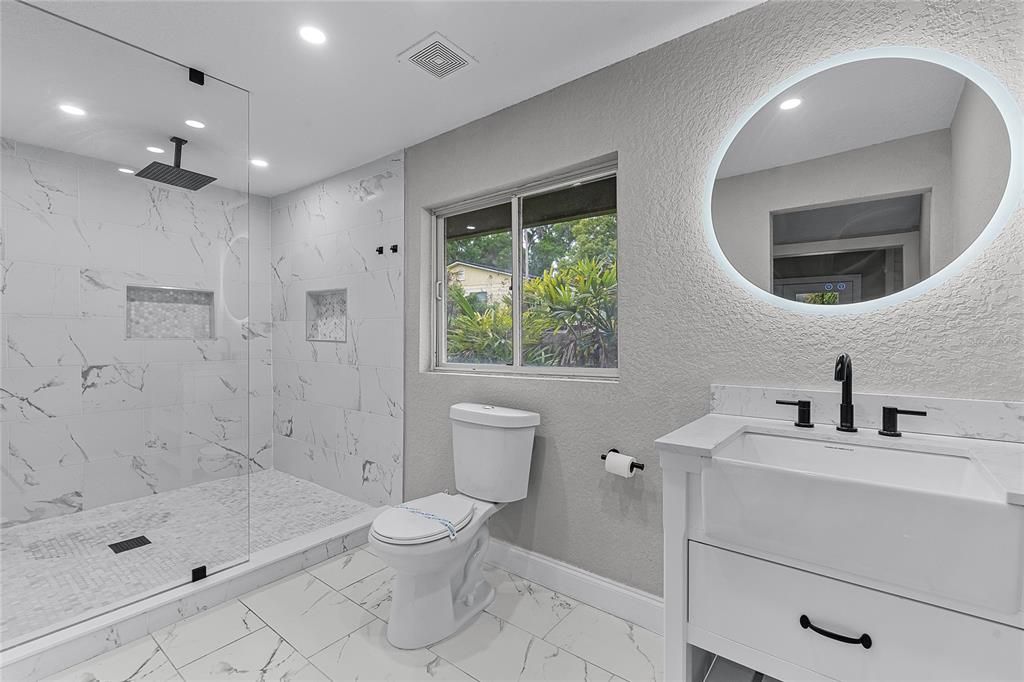 Bathroom, Glass Shower, Interior, Marble, Marble Walls, Recessed Lighting