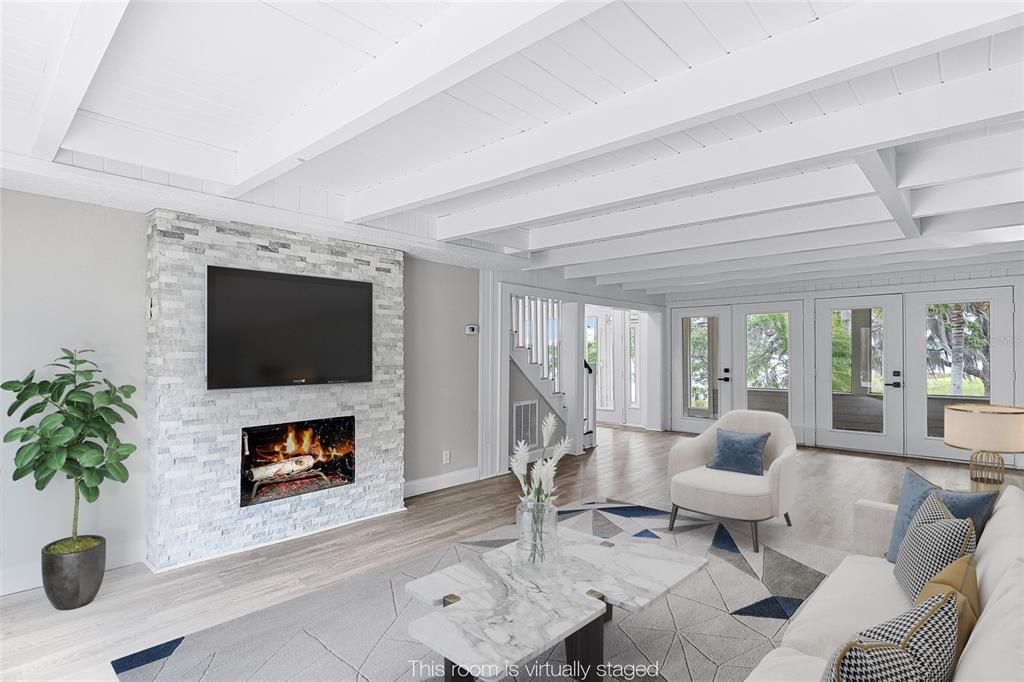 Fireplace, Interior, Living room, Stone Walls, Wood Texture Flooring