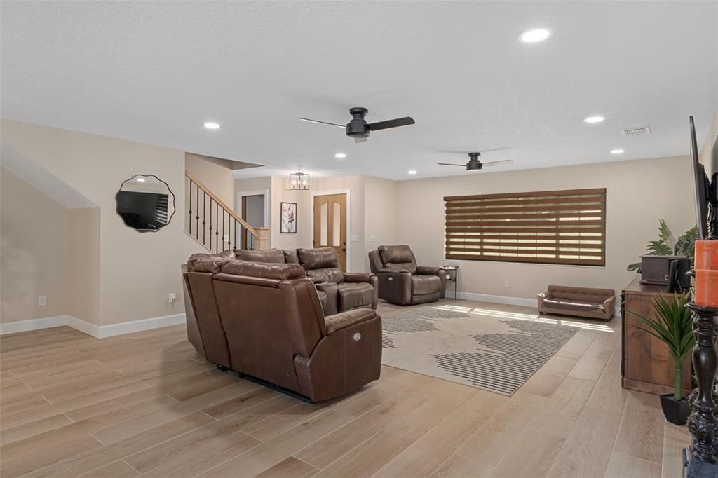 Home Theatre Room, Interior, Living room, Recessed Lighting, Wood Texture Flooring
