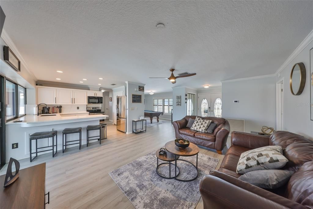 Interior, Kitchen, Living room, Recessed Lighting, Stainless Steel Appliances, Wood Texture Flooring