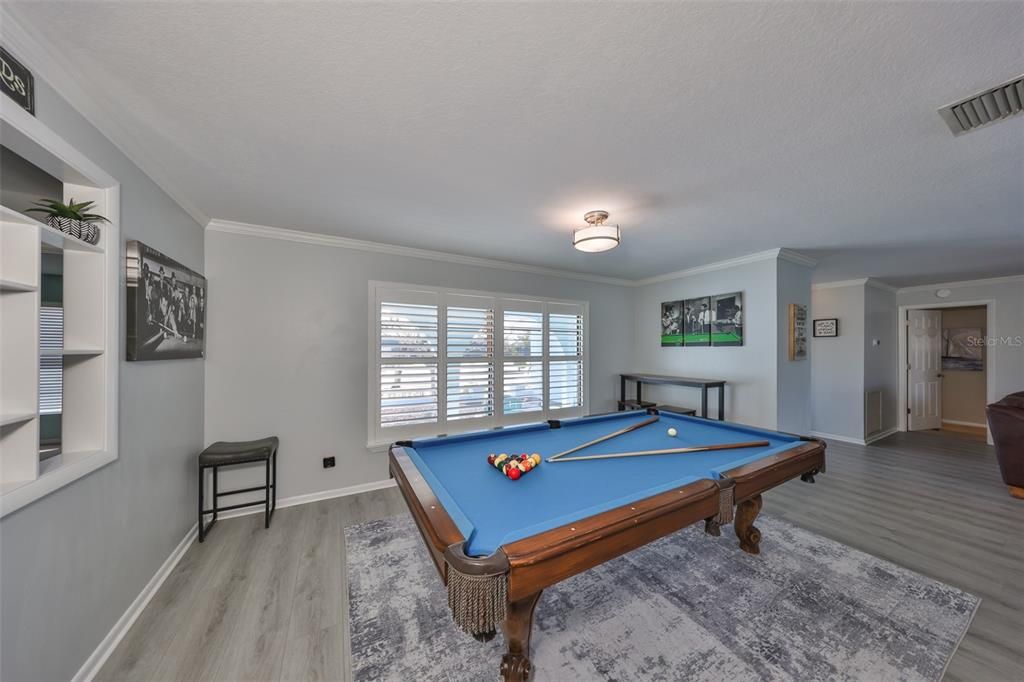 Billiard Table, Game Room, Interior, Wood Texture Flooring