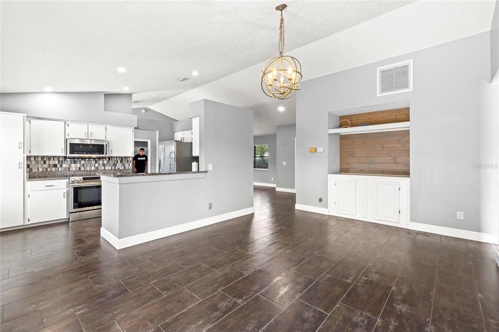 Chandelier, Interior, Kitchen, Pendant Lights, Recessed Lighting, Stainless Steel Appliances, Wood Texture Flooring