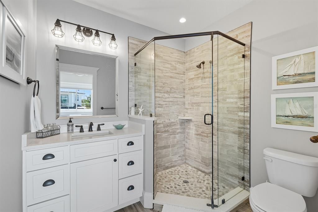 Bathroom, Glass Shower, Interior, Recessed Lighting, Wood Texture Flooring