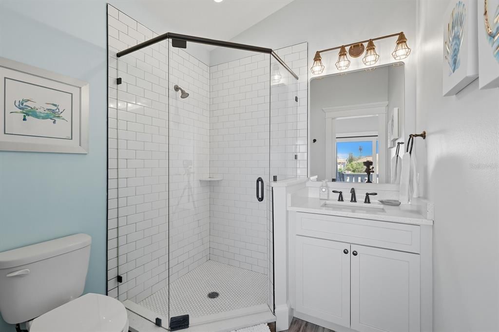 Bathroom, Glass Shower, Interior, Wood Texture Flooring