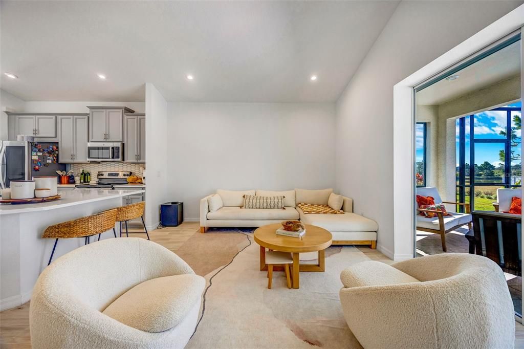 Interior, Kitchen, Living room, Recessed Lighting, Stainless Steel Appliances, Wood Texture Flooring