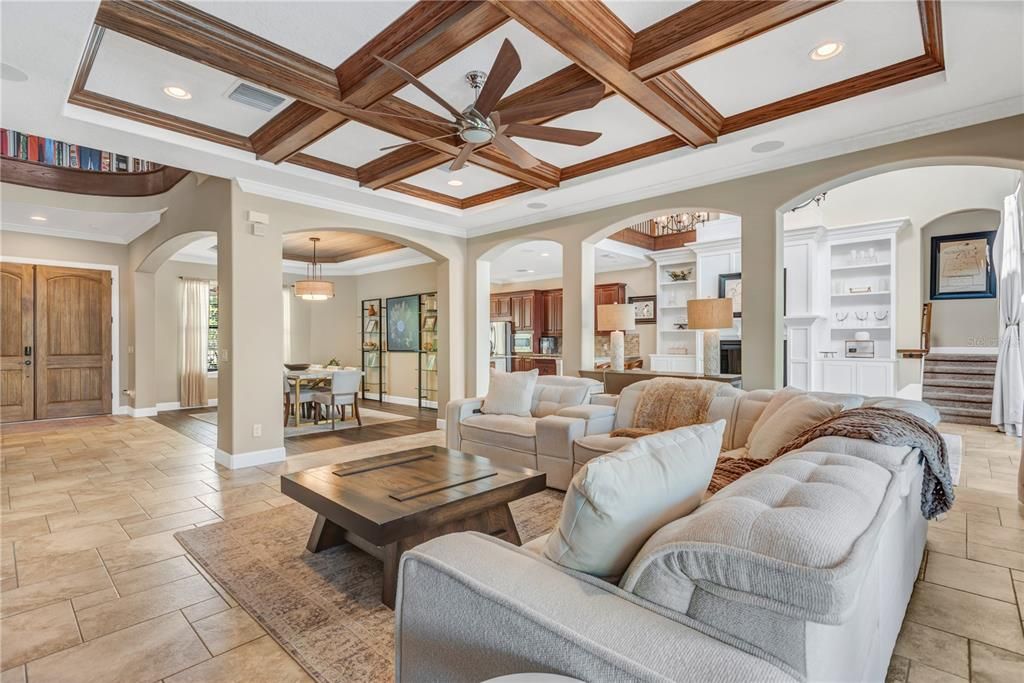Chandelier, Dining room, Interior, Living room, Pendant Lights, Recessed Lighting, Wooden Beams