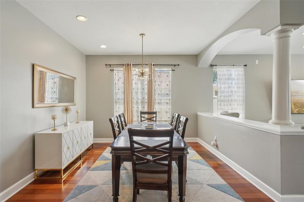 Dining room, Interior, Pendant Lights, Recessed Lighting, Wood Texture Flooring