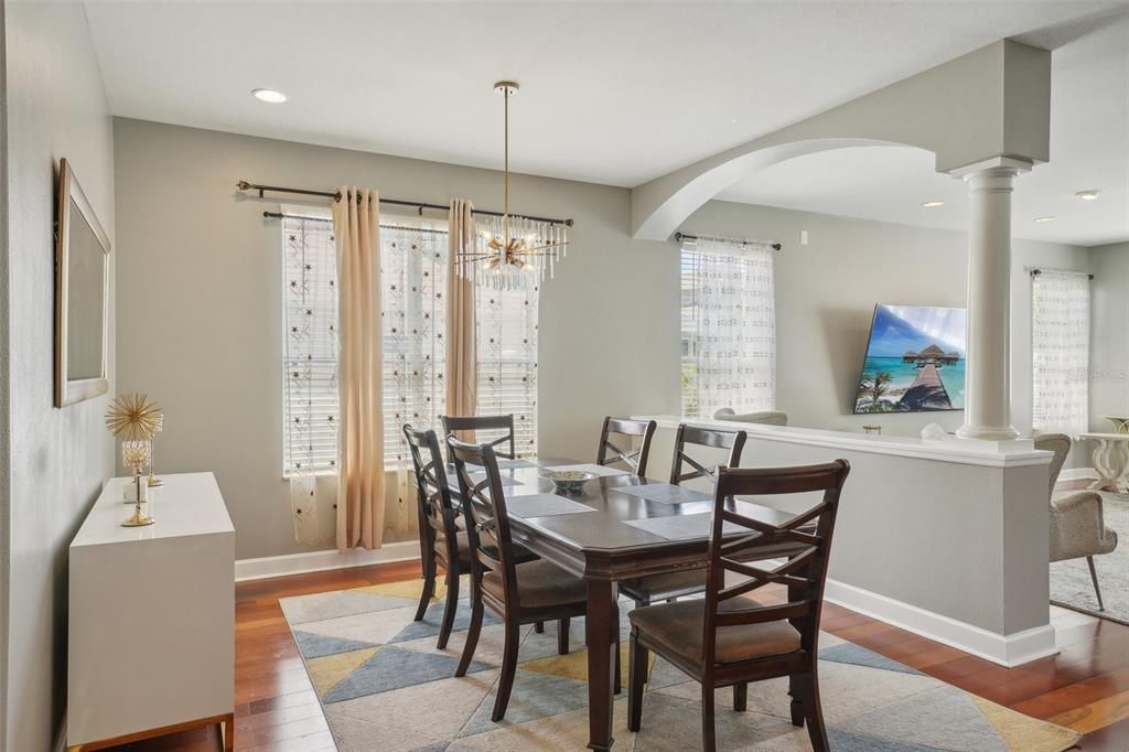 Chandelier, Dining room, Interior, Pendant Lights, Recessed Lighting, Wood Texture Flooring