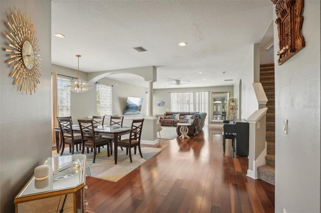 Chandelier, Dining room, Interior, Living room, Recessed Lighting, Wood Texture Flooring