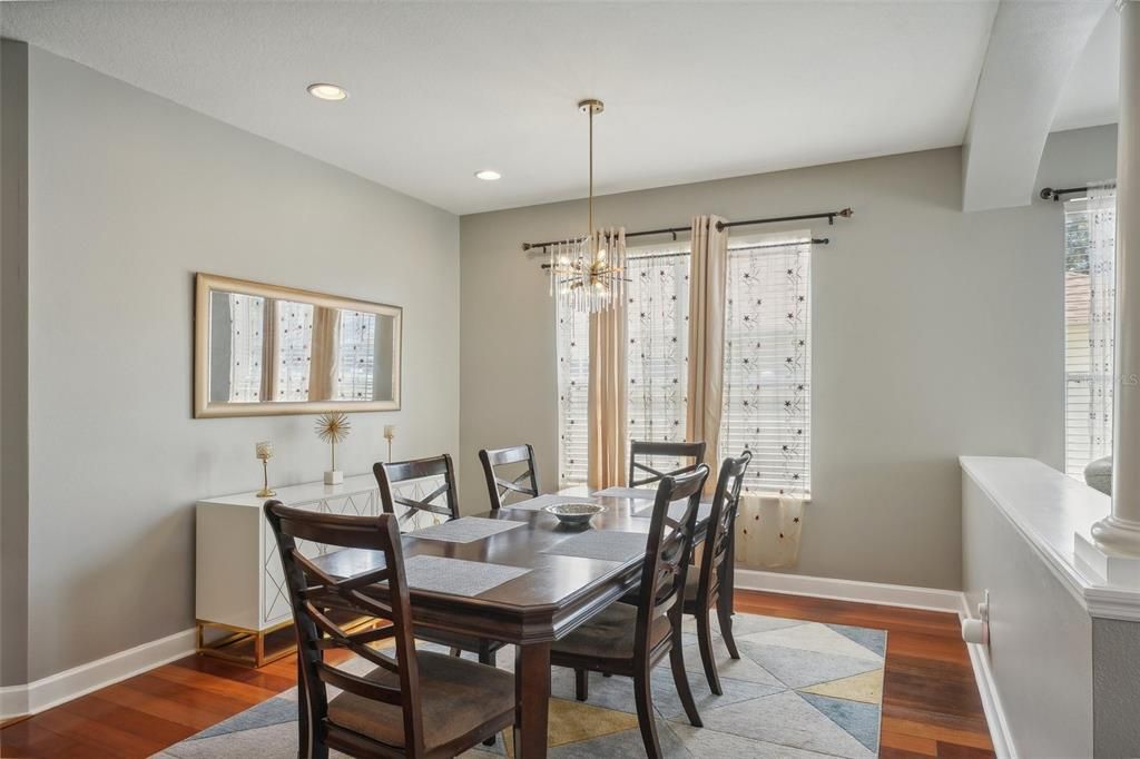 Dining room, Interior, Pendant Lights, Recessed Lighting, Wood Texture Flooring
