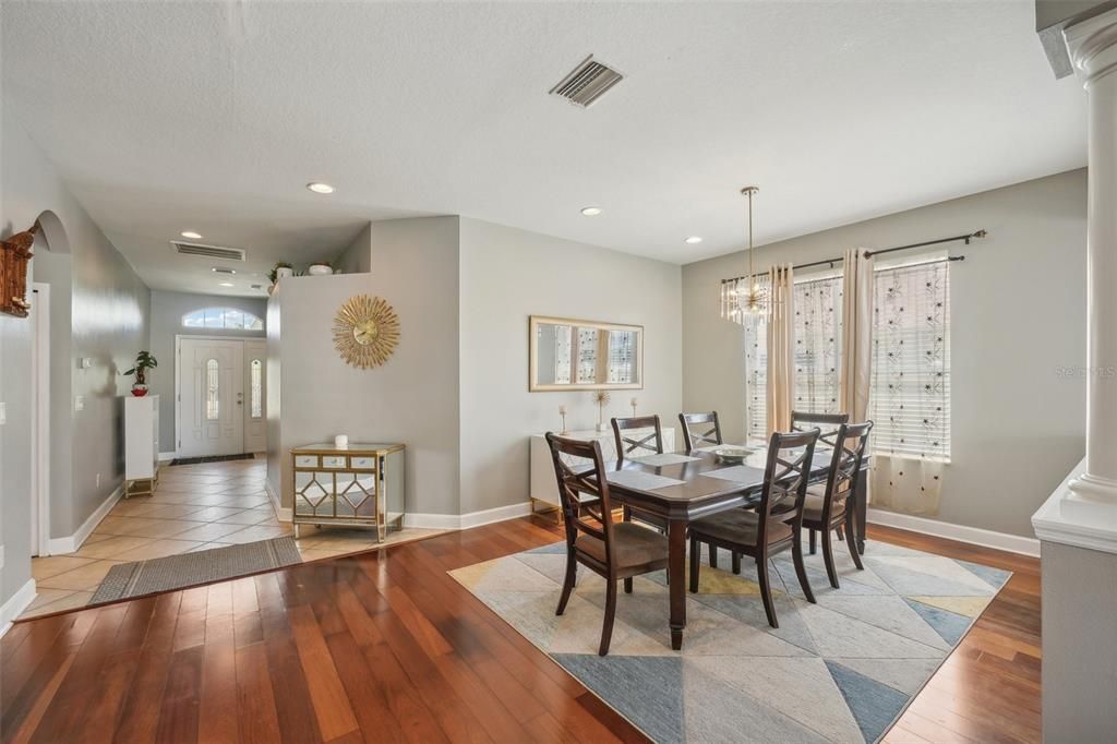 Chandelier, Dining room, Interior, Recessed Lighting, Wood Texture Flooring