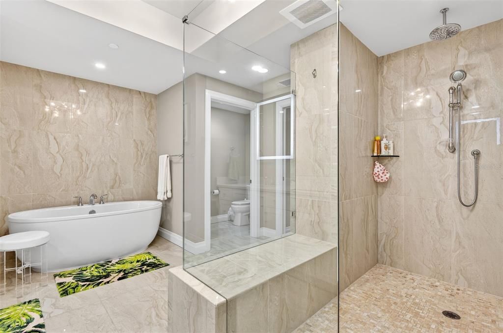 Bathroom, Glass Shower, Interior, Marble Walls, Recessed Lighting