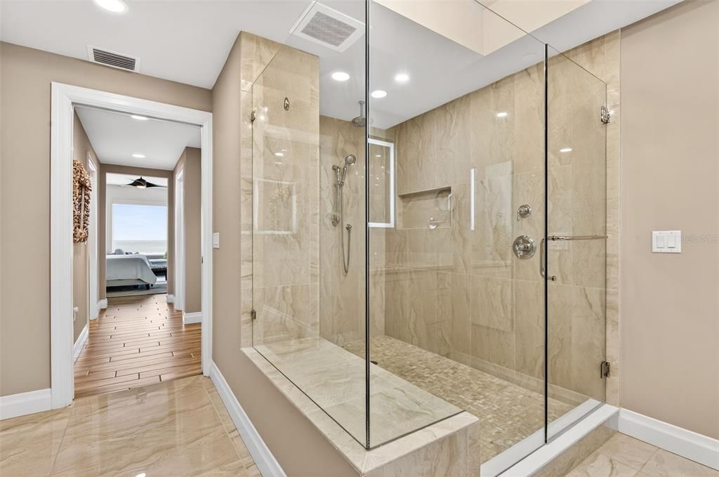 Bathroom, Glass Shower, Interior, Recessed Lighting, Wood Texture Flooring