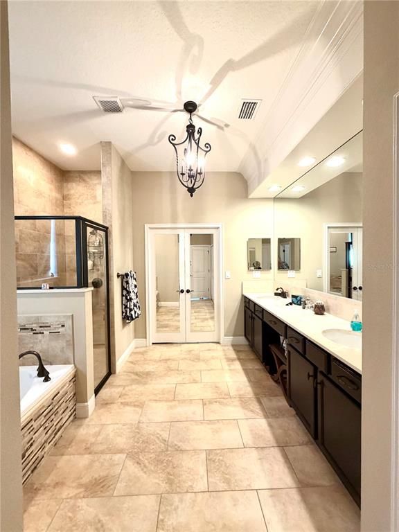 Bathroom, Dual Sink Vanities, Glass Shower, Interior, Pendant Lights, Recessed Lighting