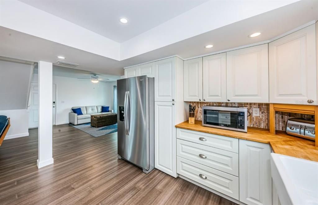 Interior, Kitchen, Living room, Recessed Lighting, Stainless Steel Appliances, Wood Texture Flooring