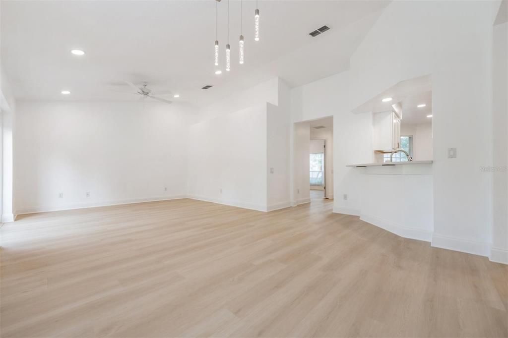 Empty room, Interior, Pendant Lights, Recessed Lighting, Wood Texture Flooring