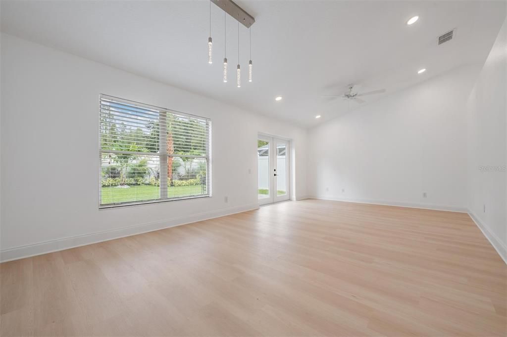 Empty room, Interior, Pendant Lights, Recessed Lighting, Wood Texture Flooring