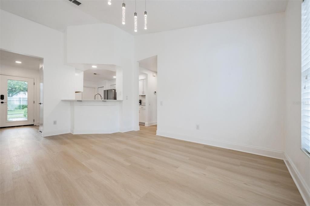 Empty room, Interior, Kitchen, Pendant Lights, Recessed Lighting, Wood Texture Flooring
