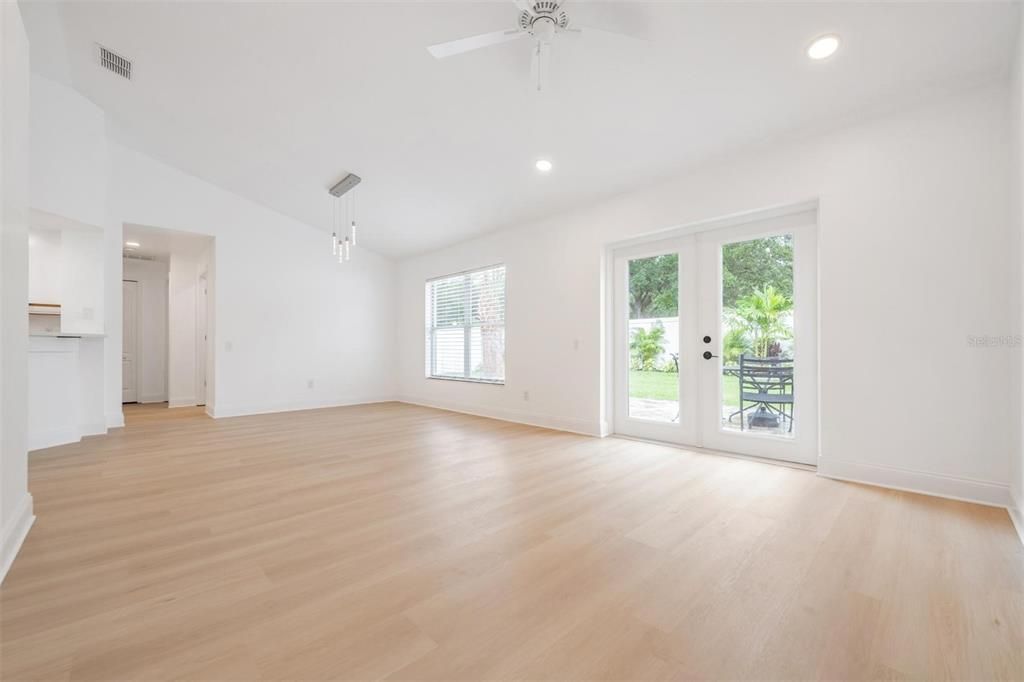 Empty room, Interior, Pendant Lights, Recessed Lighting, Wood Texture Flooring