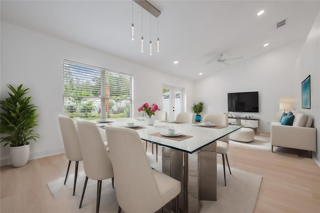 Dining room, Interior, Living room, Pendant Lights, Recessed Lighting, Wood Texture Flooring