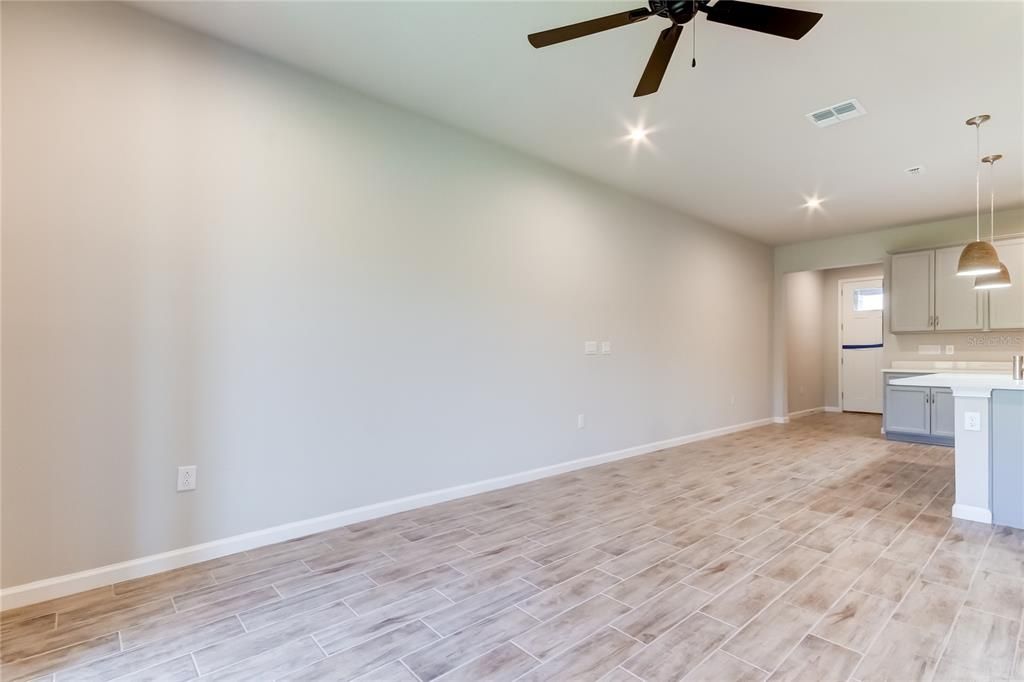 Empty room, Interior, Kitchen, Pendant Lights, Recessed Lighting, Wood Texture Flooring