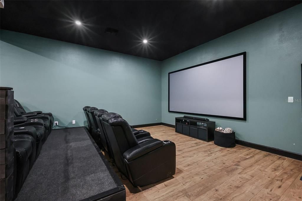 Home Theatre Room, Interior, Projection Screen, Recessed Lighting, Theatre Room, Wood Texture Flooring