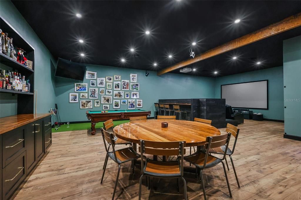 Billiard Table, Game Room, Interior, Projection Screen, Recessed Lighting, Wooden Beams, Wood Texture Flooring