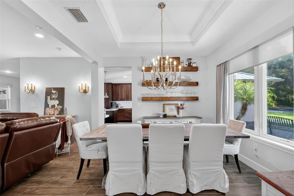 Chandelier, Dining room, Interior, Kitchen, Recessed Lighting, Wood Texture Flooring