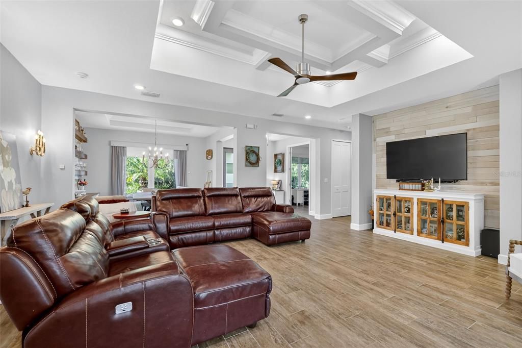 Interior, Living room, Recessed Lighting, Wood Texture Flooring, Wooden Walls