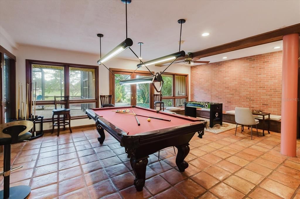 Billiard Table, Game Room, Interior, Pendant Lights, Recessed Lighting, Stone Walls